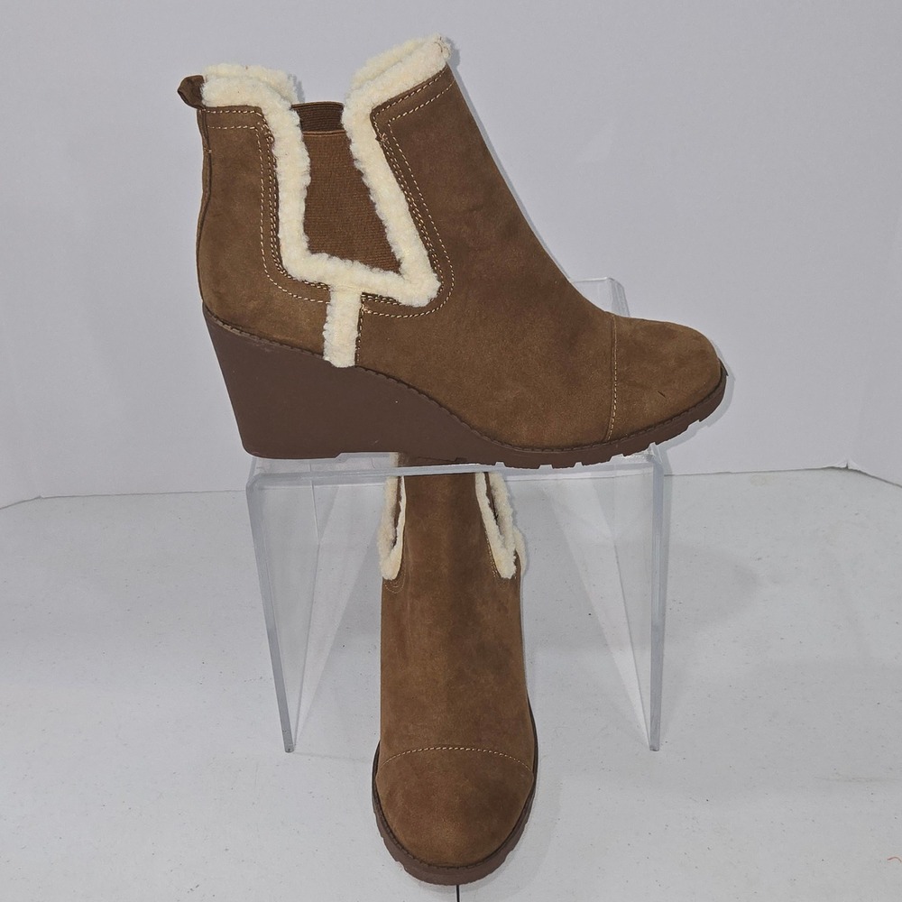 Scoop Womens Brown Faux Suede Sherpa Trim Wedge Ankle Boots Size 10 Booties